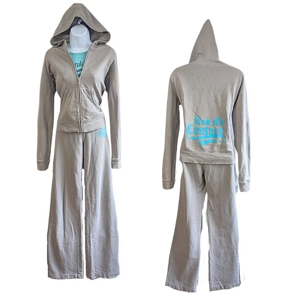 Vtg Y2K JUICY COUTURE 3pc French Terry Greige Kiss My Couture Tracksuit Set P/S